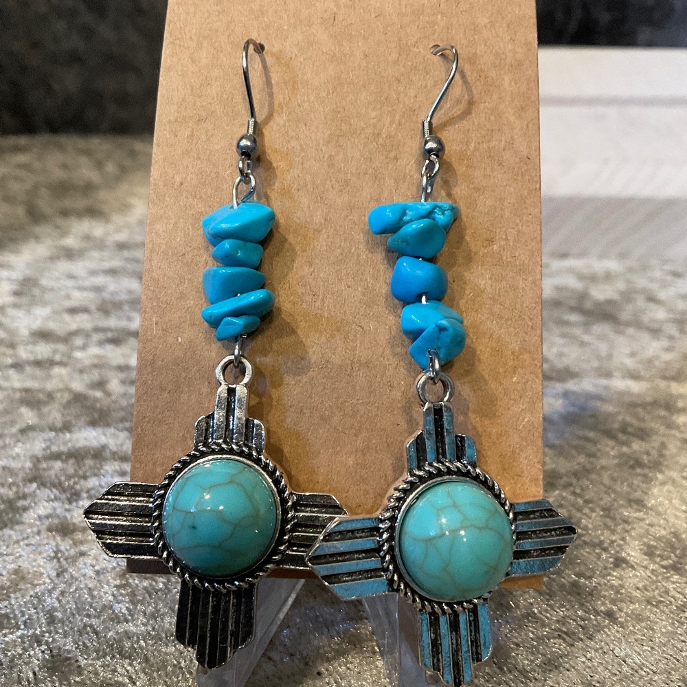 Faux Turquoise and Silver Cross Dangle Pierced Earrings